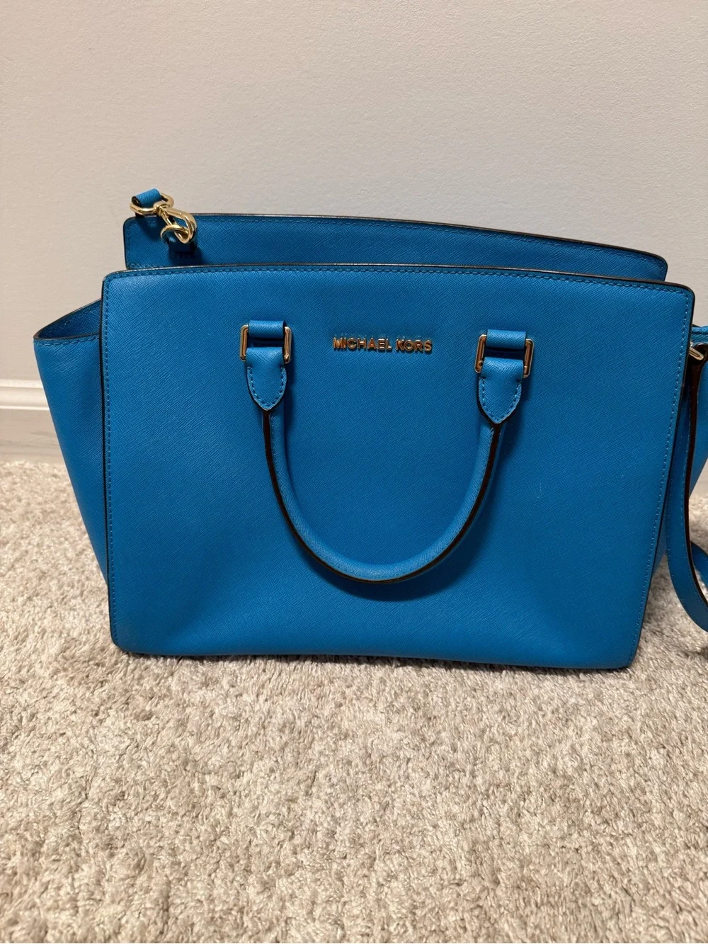 Beautiful Michael Kors Selma Large Heritage Blue Saffiano Leather Satchel